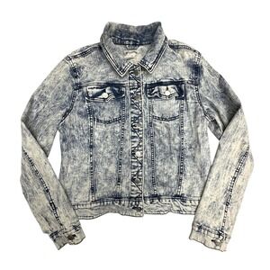 Love Fire Jean Jacket Juniors XXL Blue Acid Wash Denim Button Front Short